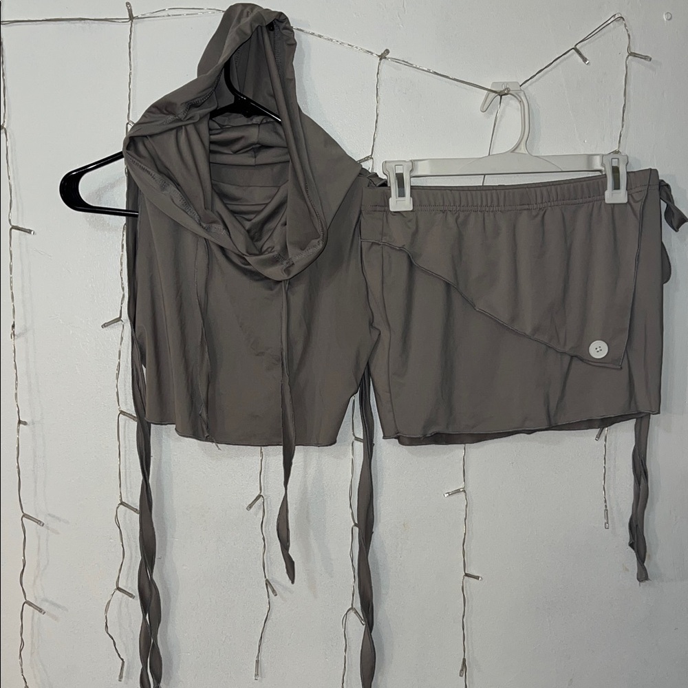 SHEIN Gray Hooded Crop Top and Skirt Set